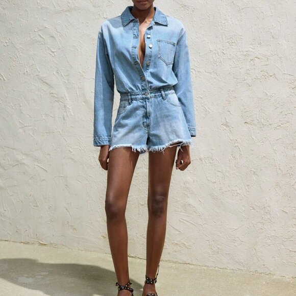 Light Wash Casual Women's Denim Bib Pants Long Sleeve Romper Jumpsuit - Picture 2 of 6